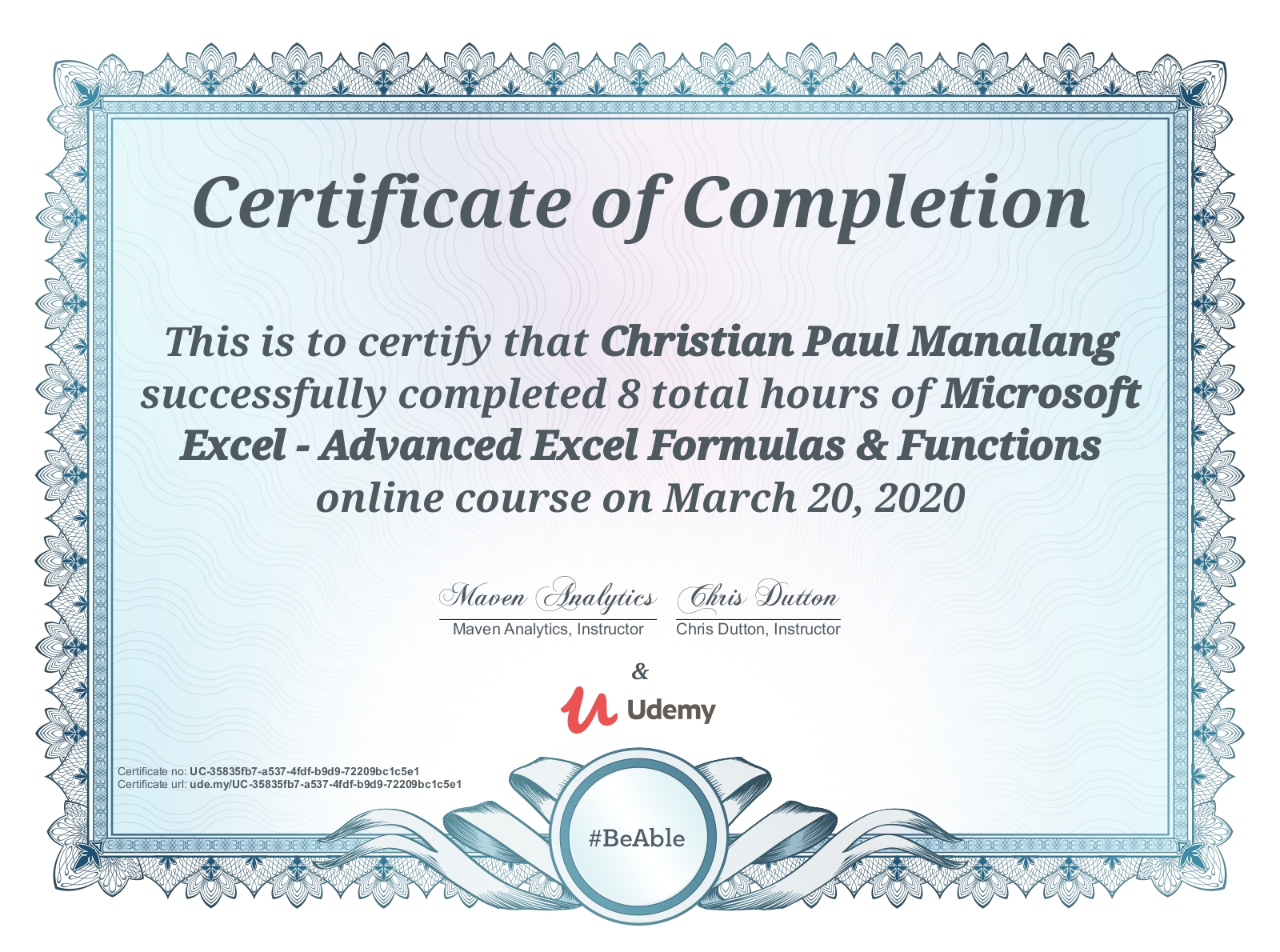 Microsoft Excel Advanced course completion certificate